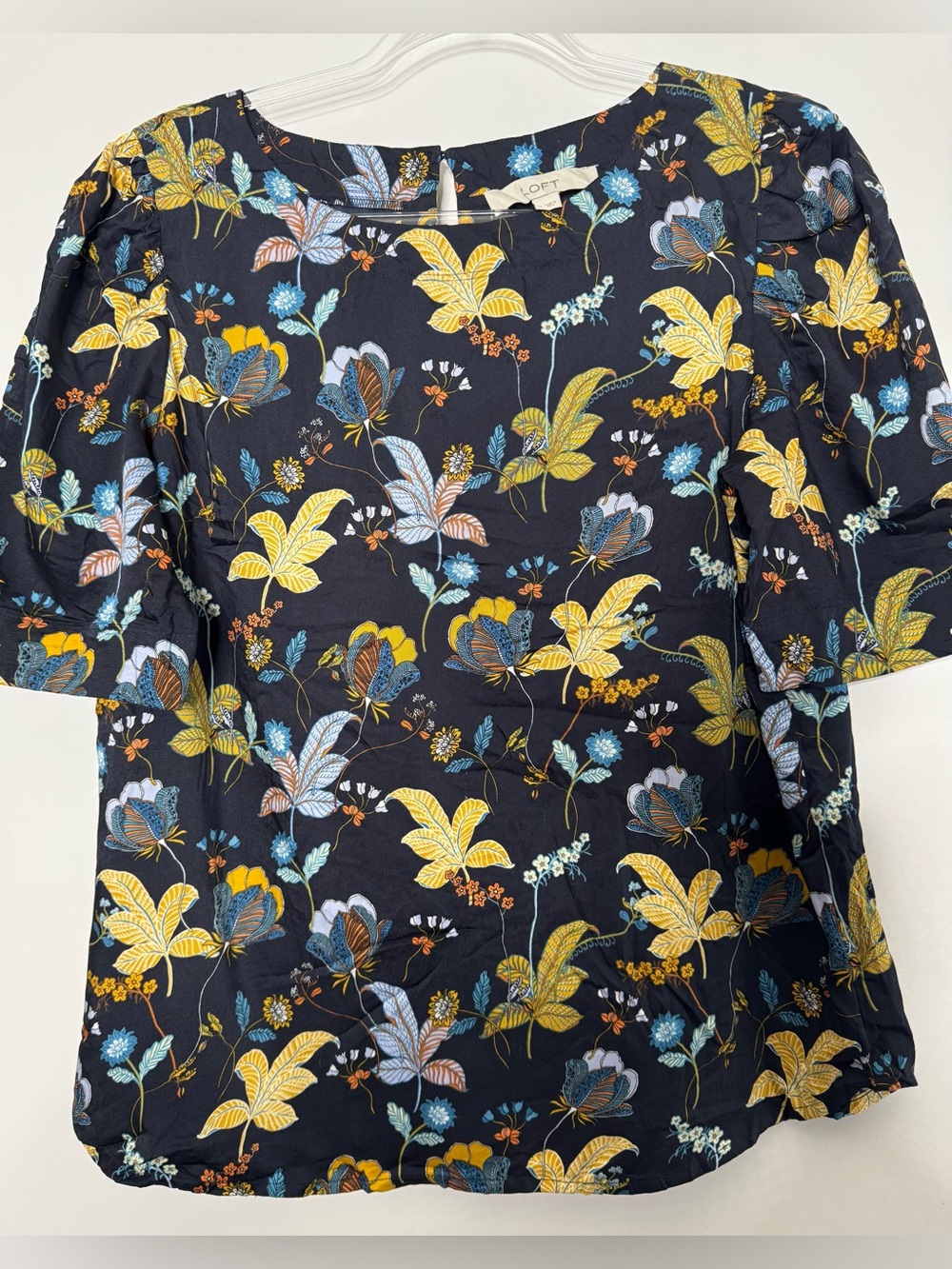 LOFT Navy Floral Short-Sleeve Blouse with Yellow & Blue Accents size Medium
